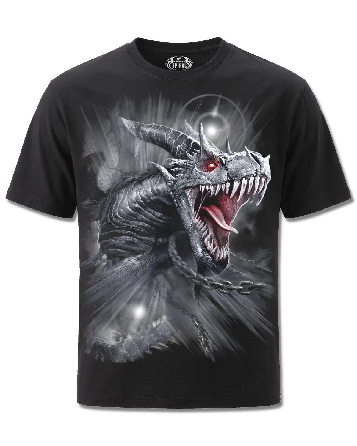 Spiral Dragon's Cry design, front view on Black M101, Rock Off Retail official merch