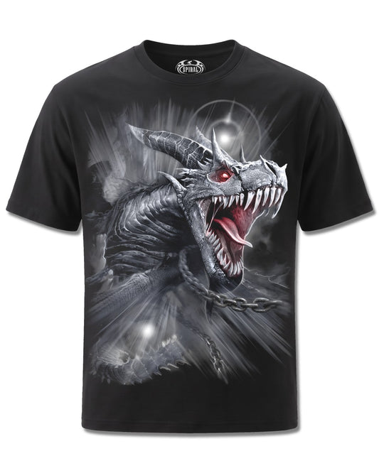 Spiral Dragon's Cry design, front view on Black M101, Rock Off Retail official merch