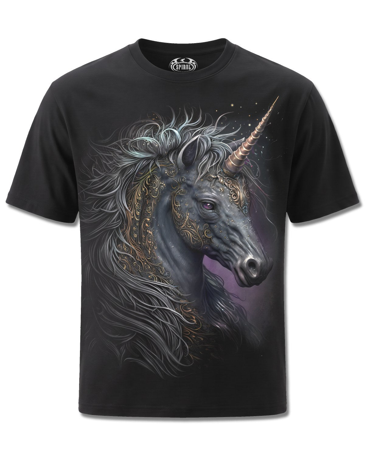 Spiral Celtic Unicorn design, front view on Black M101, Rock Off Retail official merch