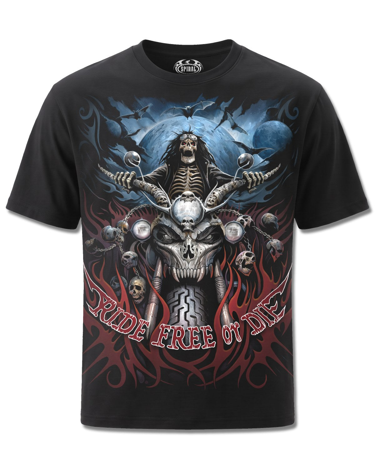 Spiral Ride Free design, front view on Black M101, Rock Off Retail official merch
