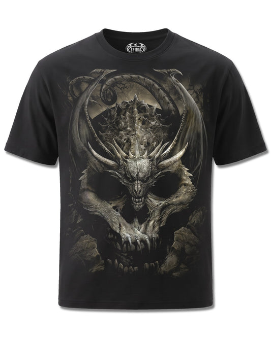 Spiral Draco Skull design, front view on Black M101, Rock Off Retail official merch