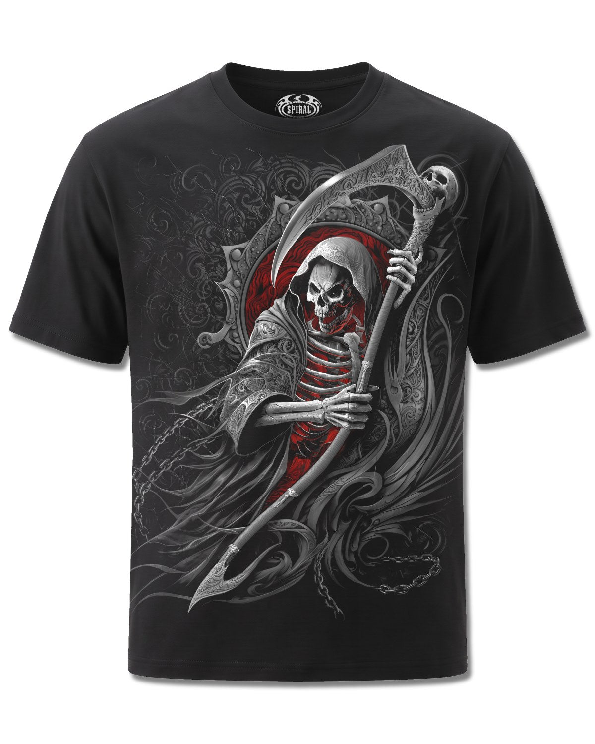 Spiral Reaper's Portal design, front view on Black M101, Rock Off Retail official merch