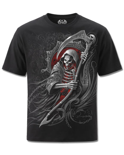 Spiral Reaper's Portal design, front view on Black M101, Rock Off Retail official merch