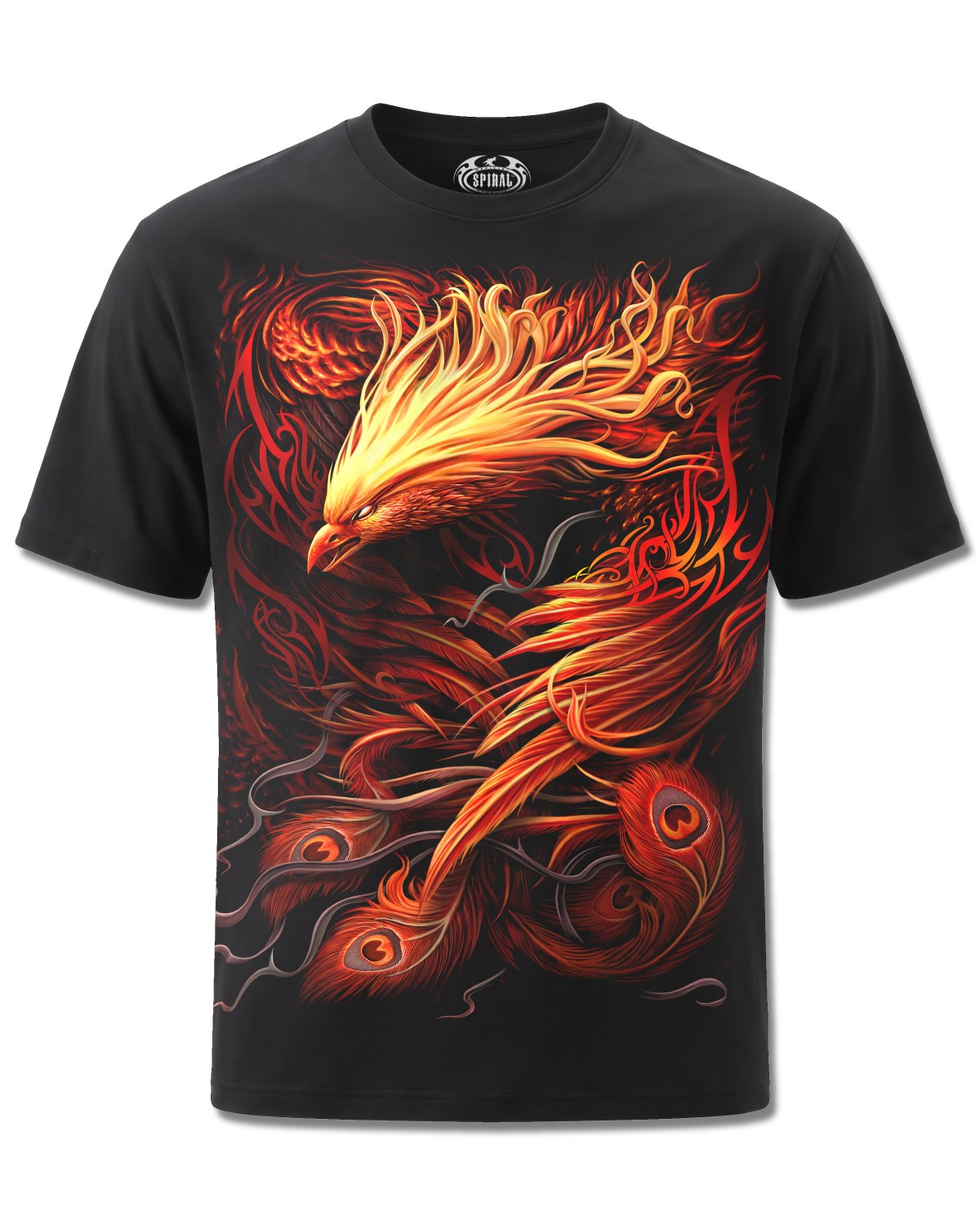 Spiral Phoenix Arisen design, front view on Black M101, Rock Off Retail official merch