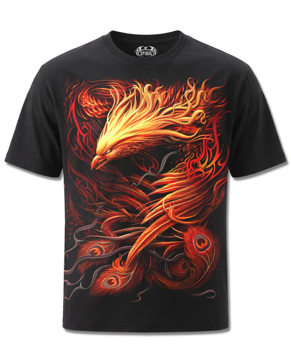 Spiral Phoenix Arisen design, front view on Black M101, Rock Off Retail official merch