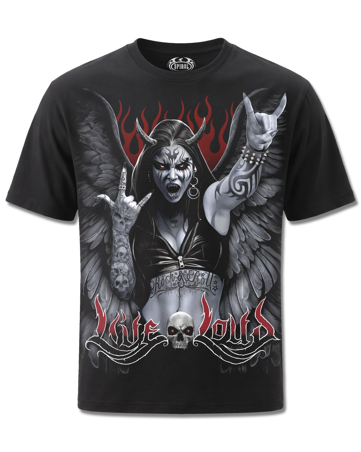 Spiral Rock Loud design, front view on Black M101, Rock Off Retail official merch