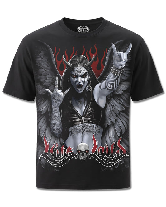 Spiral Rock Loud design, front view on Black M101, Rock Off Retail official merch