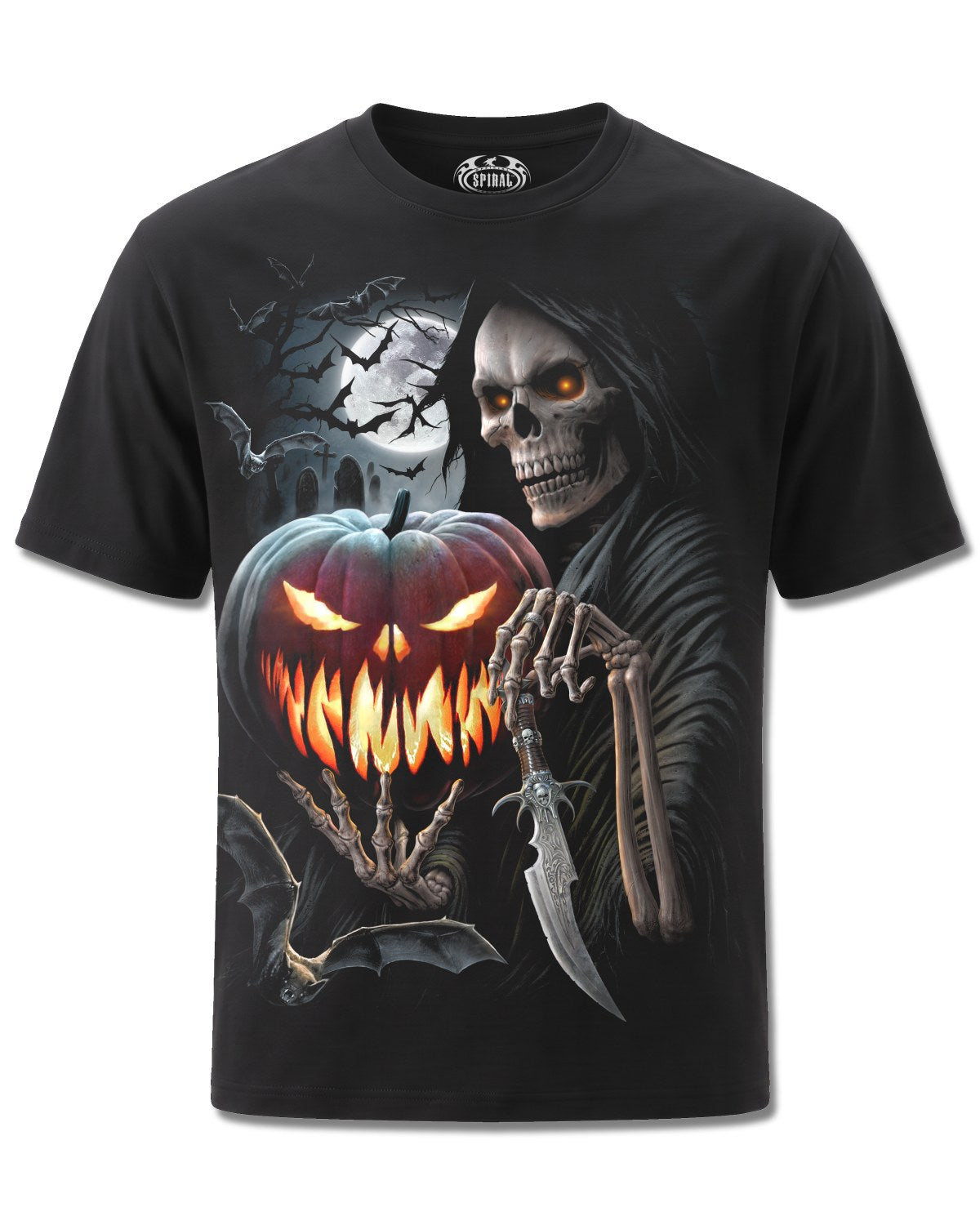 Spiral Carving Death design, front view on Black M101, Rock Off Retail official merch