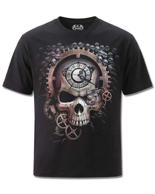 Spiral Reaper Time design, front view on Black M101, Rock Off Retail official merch