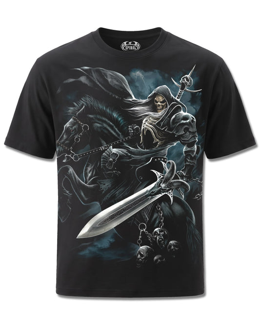 Spiral Grim Rider design, front view on Black M101, Rock Off Retail official merch
