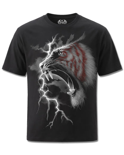 Spiral Mark Of The Tiger design, front view on Black M101, Rock Off Retail official merch