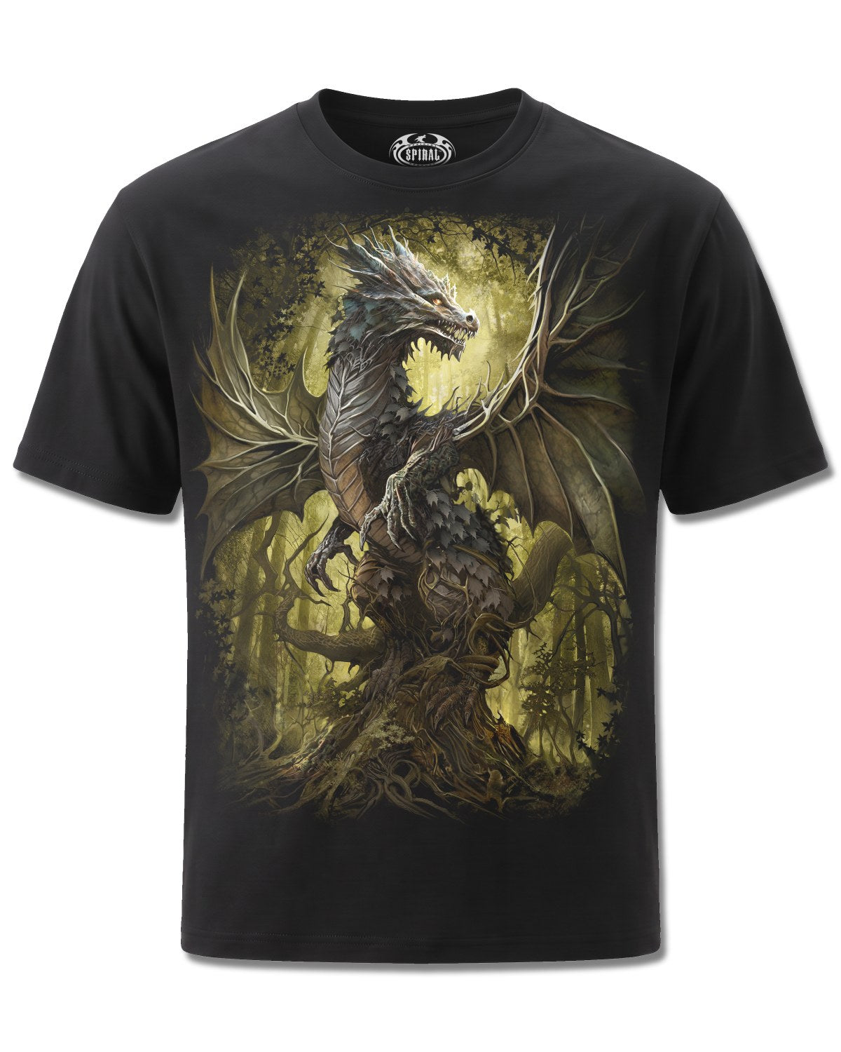 Spiral Oak Dragon design, front view on Black M101, Rock Off Retail official merch