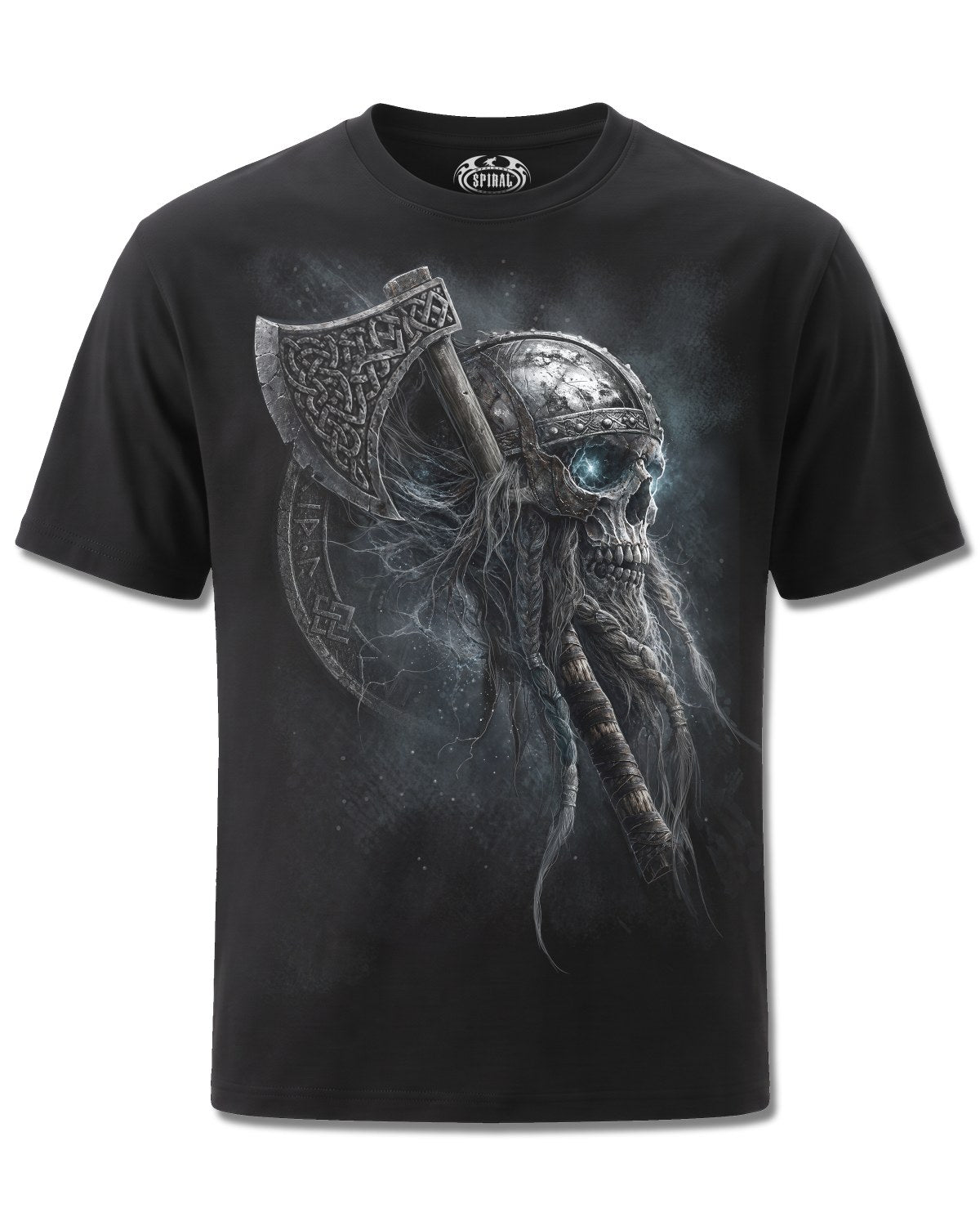 Spiral Viking Rampage design, front view on Black M101, Rock Off Retail official merch