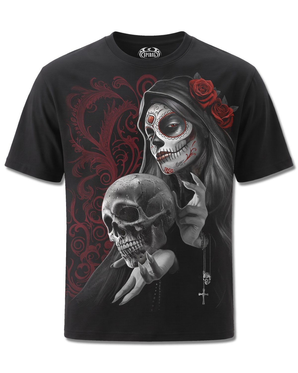 Spiral Love Is Dead design, front view on Black M101, Rock Off Retail official merch