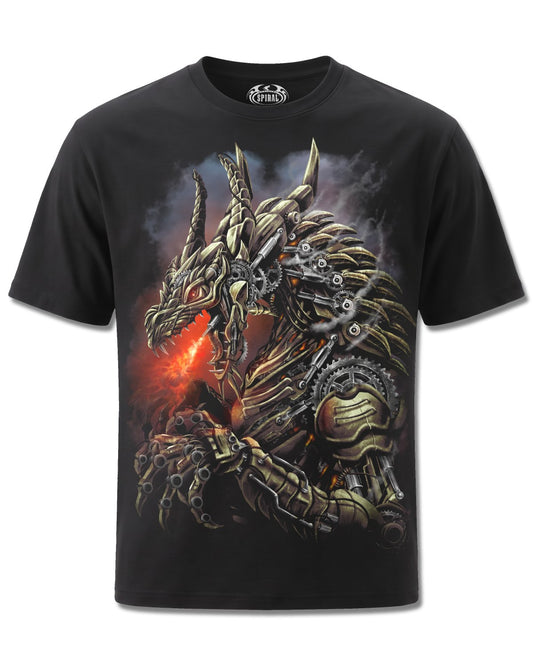 Spiral Dragon Cogs design, front view on Black M101, Rock Off Retail official merch