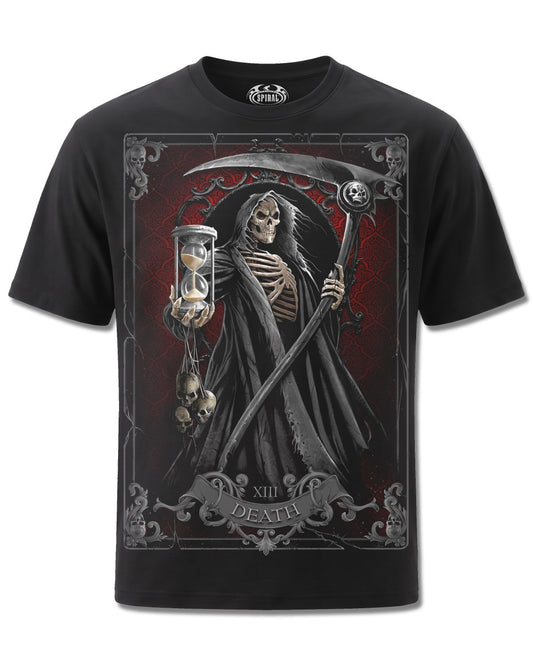 Spiral Death Tarot design, front view on Black M101, Rock Off Retail official merch