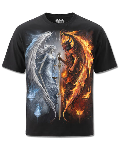 Spiral Angel & Demon design, front view on Black M101, Rock Off Retail official merch