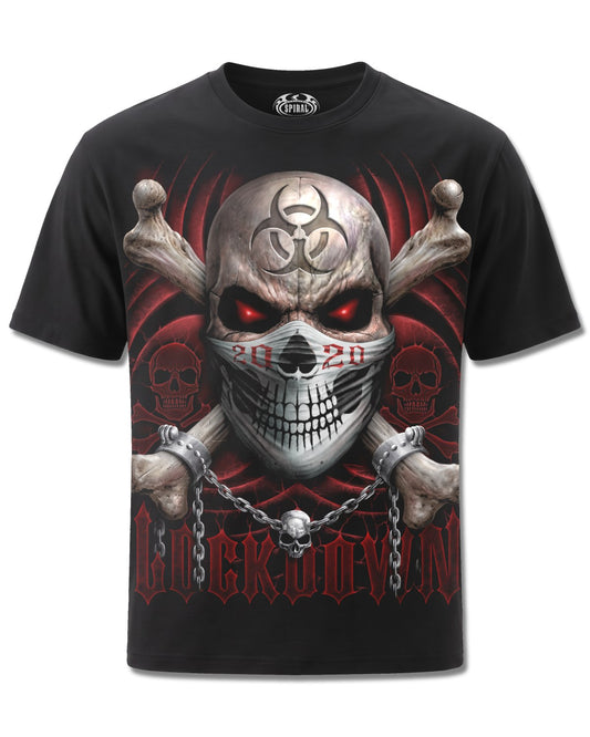 Spiral Lockdown 2020 design, front view on Black M101, Rock Off Retail official merch