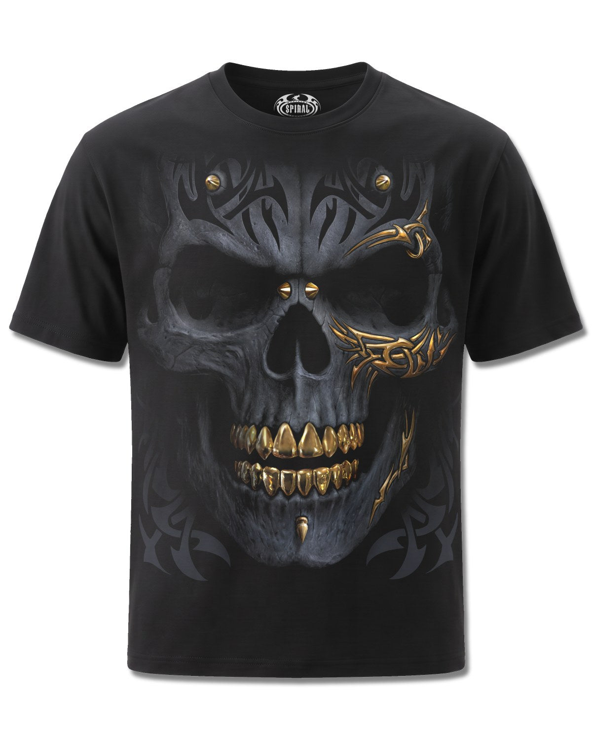 Spiral Black Gold design, front view on Black M101, Rock Off Retail official merch