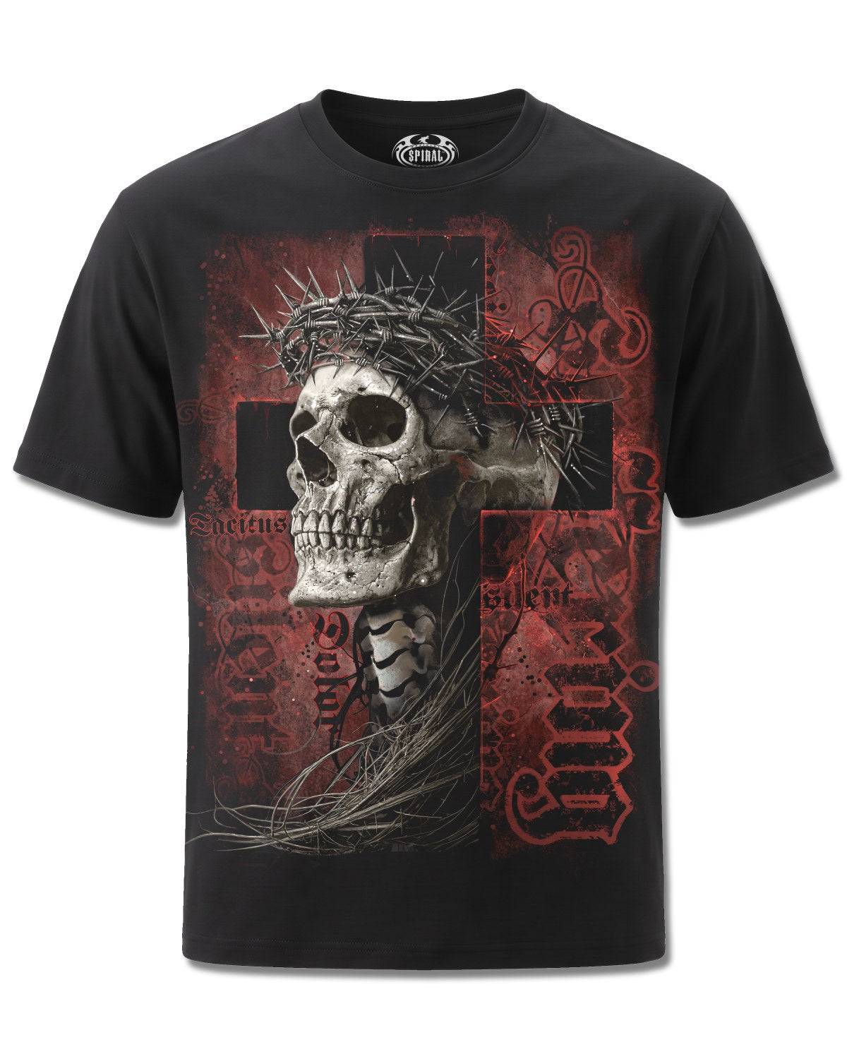 Spiral Silent Suffering design, front view on Black M101, Rock Off Retail official merch