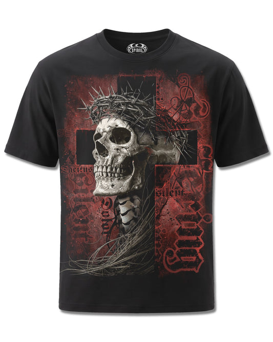 Spiral Silent Suffering design, front view on Black M101, Rock Off Retail official merch