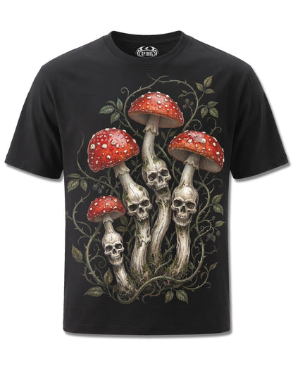 Spiral Shrooms design, front view on Black M101, Rock Off Retail official merch