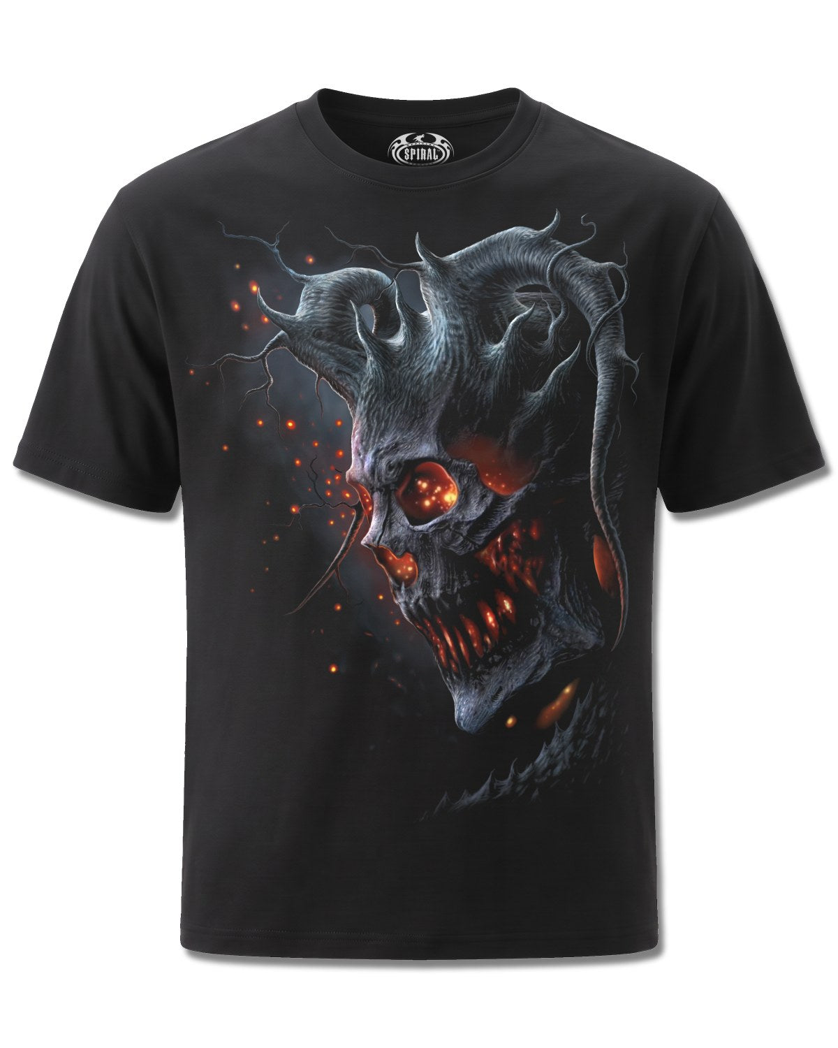 Spiral Death Embers design, front view on Black M101, Rock Off Retail official merch