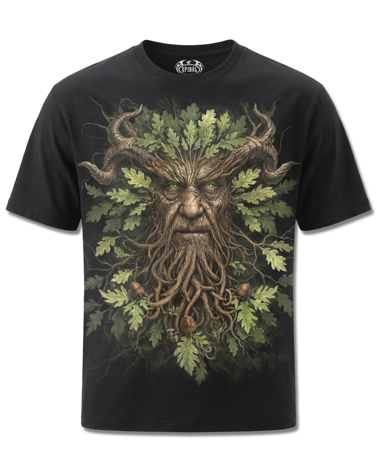 Spiral Woodland King design, front view on Black M101, Rock Off Retail official merch