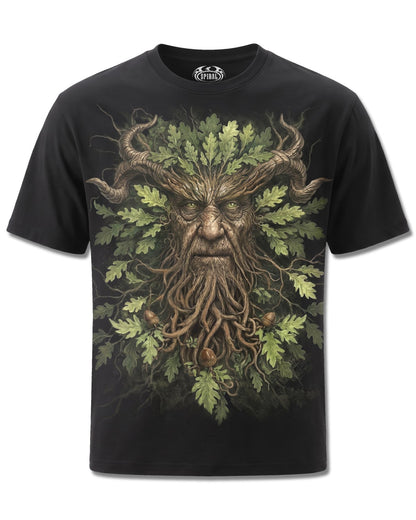Spiral Woodland King design, front view on Black M101, Rock Off Retail official merch
