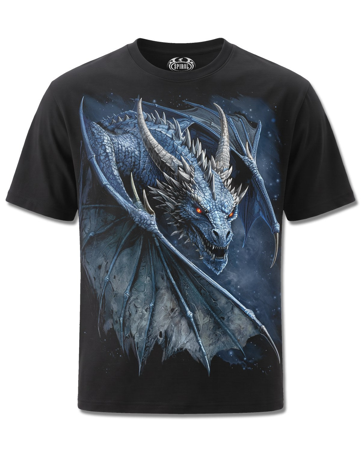 Spiral Storm Dragon design, front view on Black M101, Rock Off Retail official merch