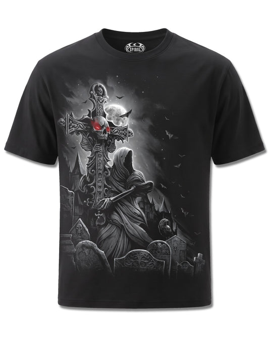 Spiral Grave Walker design, front view on Black M101, Rock Off Retail official merch