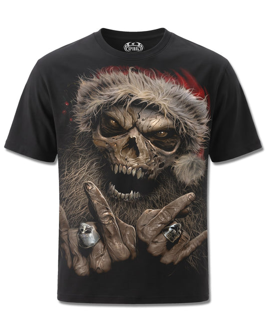 Spiral Rock Santa design, front view on Black M101, Rock Off Retail official merch