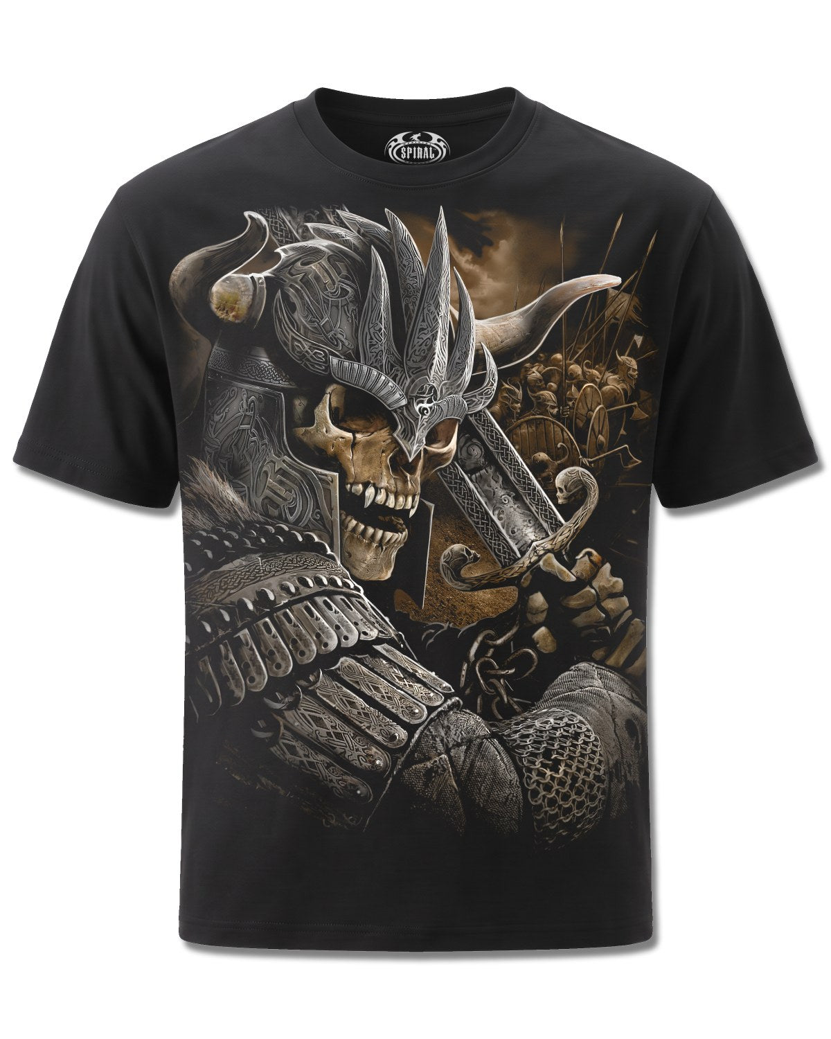 Spiral Viking Warrior design, front view on Black M101, Rock Off Retail official merch