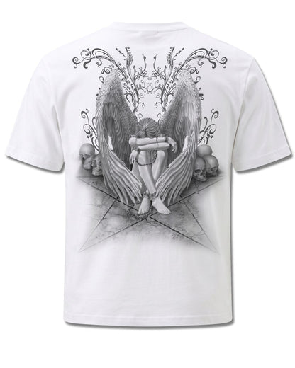 Spiral Enslaved Angel design, back view on White M113, Rock Off Retail official merch