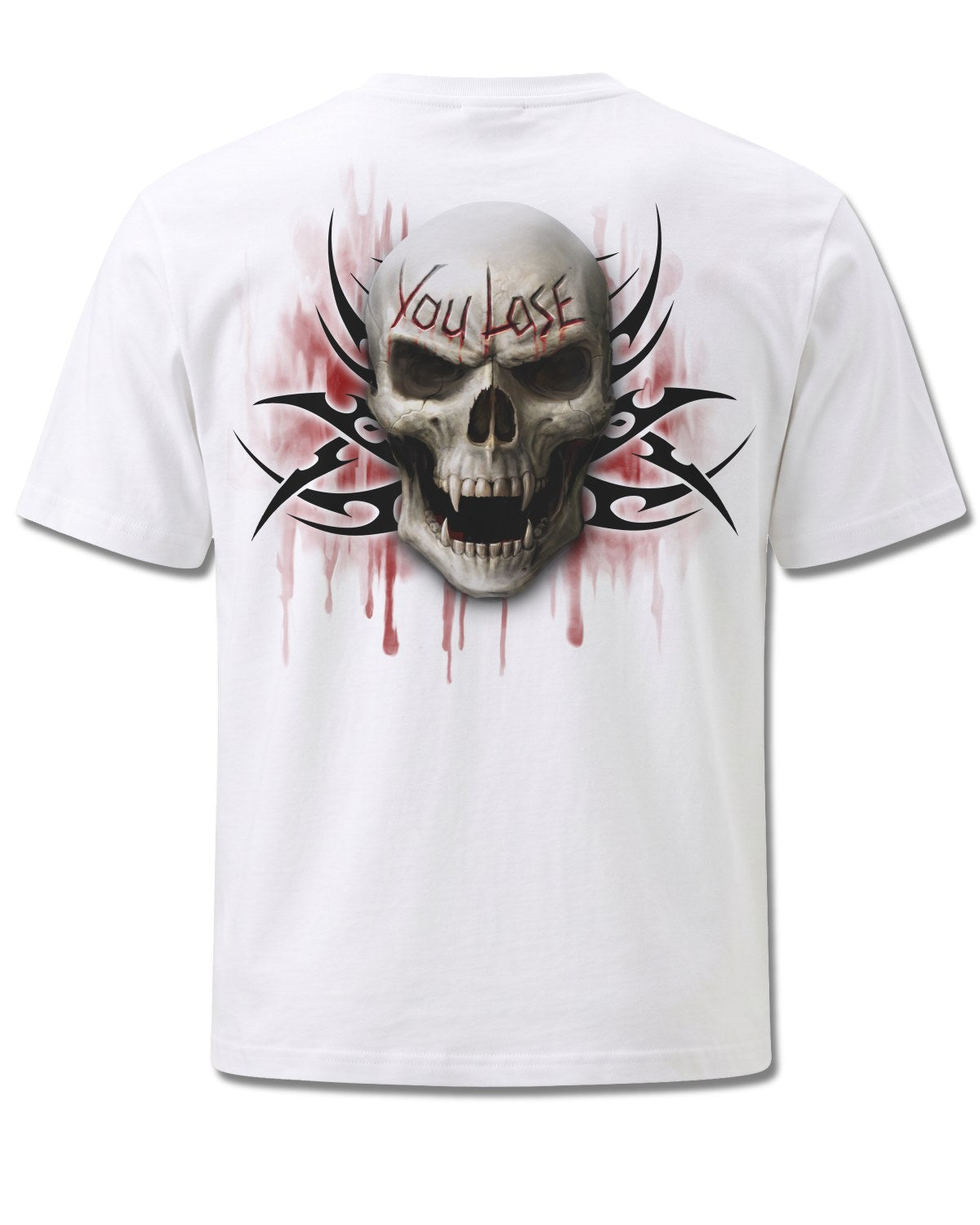 Spiral Game Over design, back view on White M113, Rock Off Retail official merch