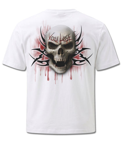 Spiral Game Over design, back view on White M113, Rock Off Retail official merch