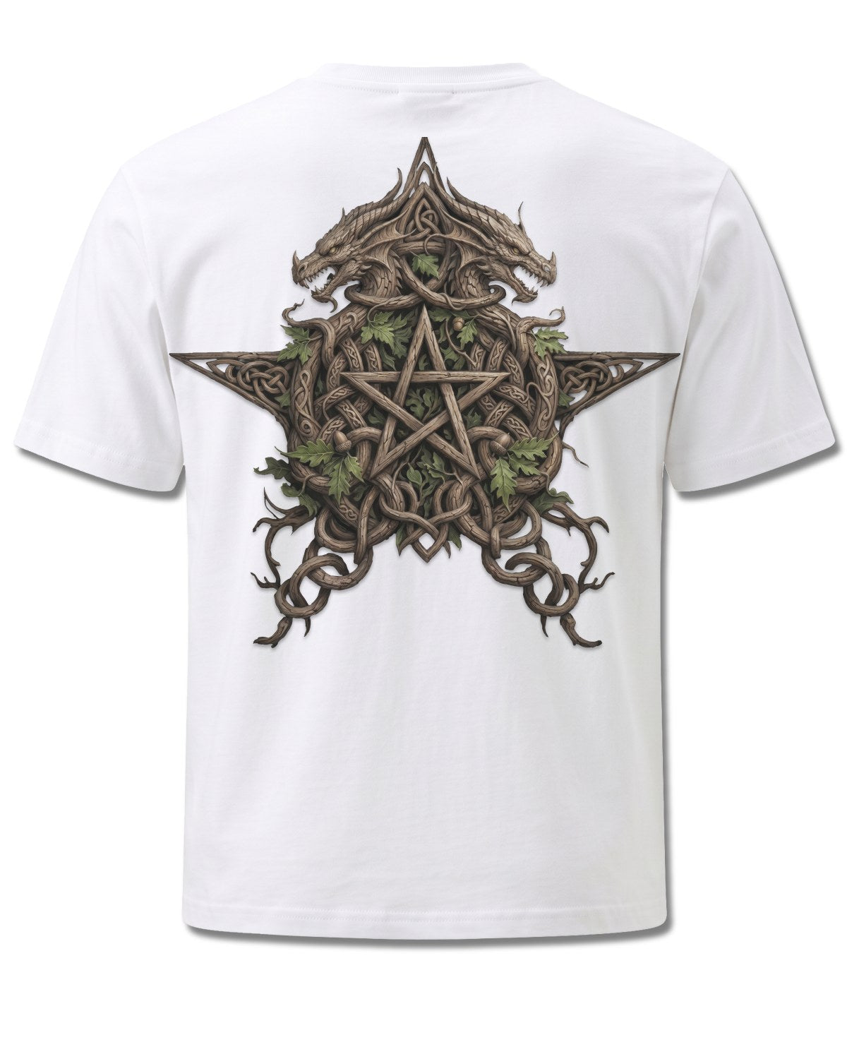 Spiral Woodland King design, back view on White M113, Rock Off Retail official merch
