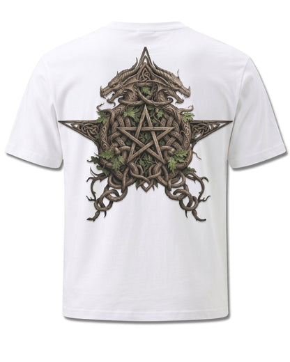 Spiral Woodland King design, back view on White M113, Rock Off Retail official merch