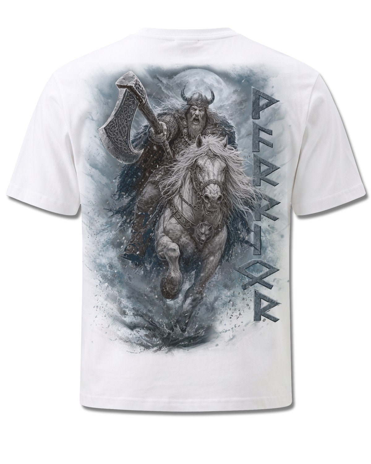 Spiral Viking Rampage design, back view on White M113, Rock Off Retail official merch