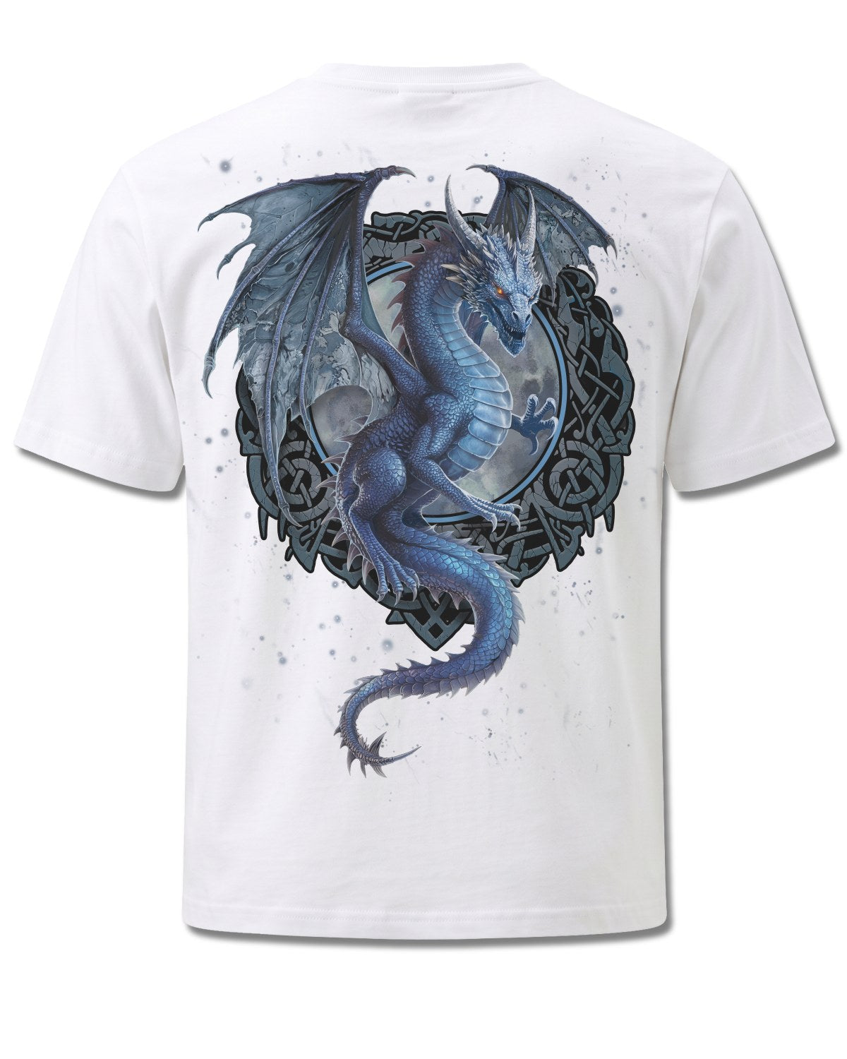 Spiral Storm Dragon design, back view on White M113, Rock Off Retail official merch
