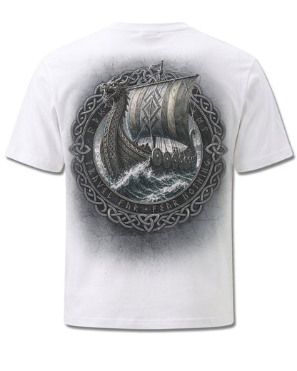 Spiral Viking Norseman design, back view on White M113, Rock Off Retail official merch