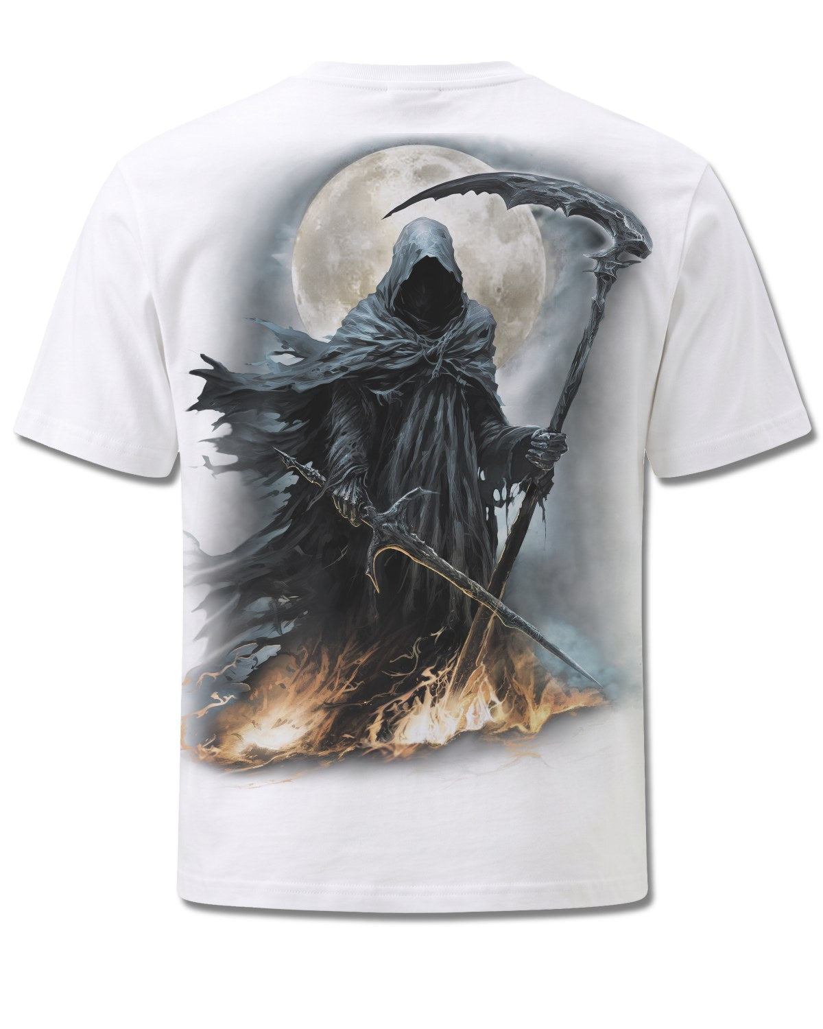 Spiral Shadow Rider design, back view on White M113, Rock Off Retail official merch