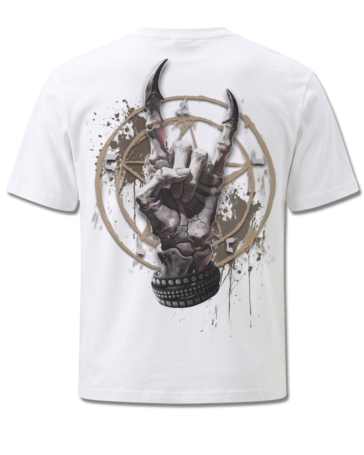 Spiral Pure Metal design, back view on White M113, Rock Off Retail official merch