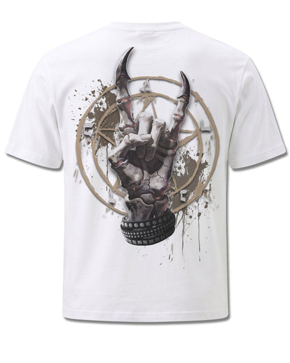 Spiral Pure Metal design, back view on White M113, Rock Off Retail official merch
