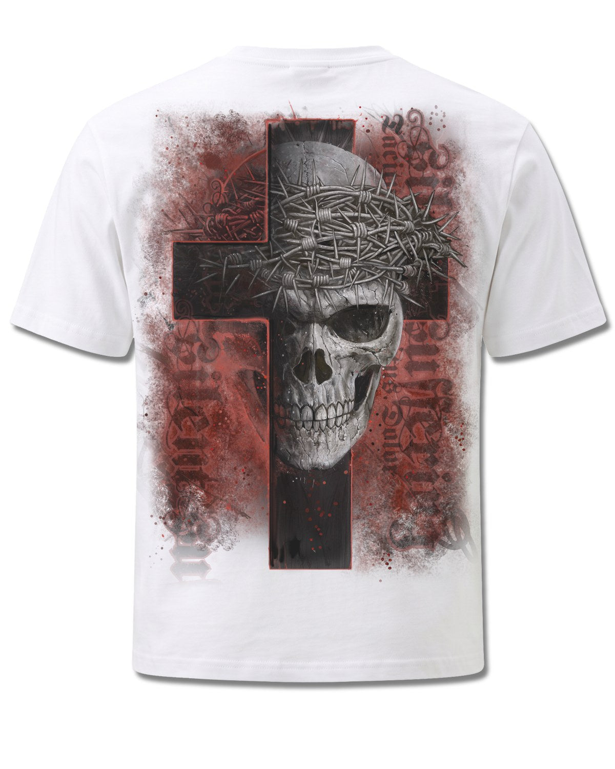 Spiral Silent Suffering design, back view on White M113, Rock Off Retail official merch