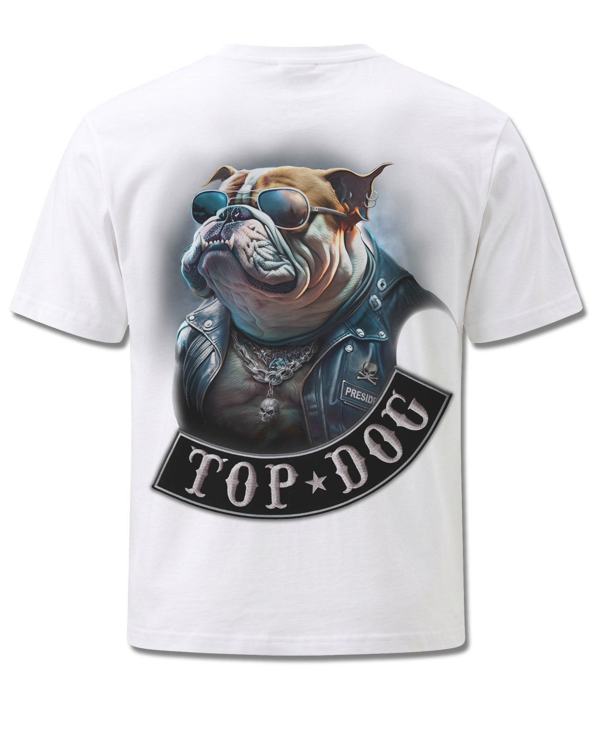 Spiral Top Dog design, back view on White M113, Rock Off Retail official merch
