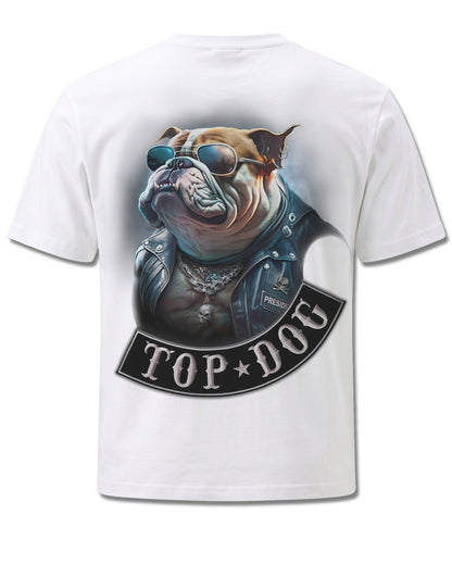 Spiral Top Dog design, back view on White M113, Rock Off Retail official merch