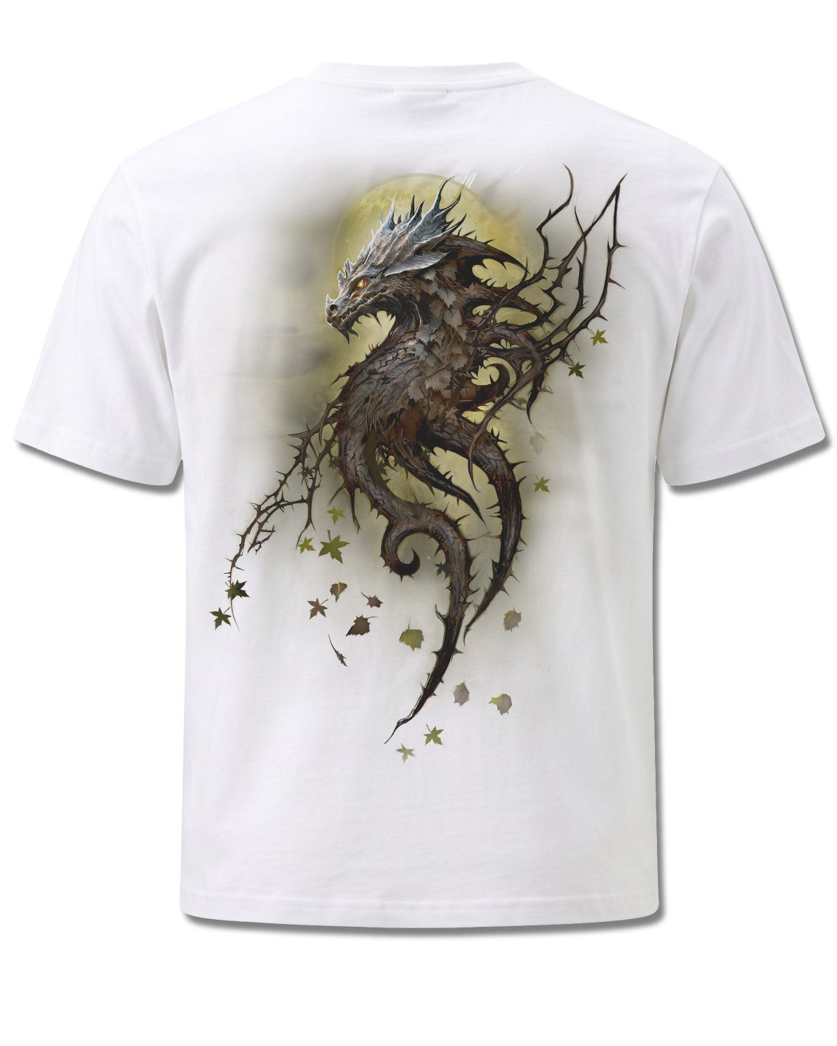 Spiral Oak Dragon design, back view on White M113, Rock Off Retail official merch