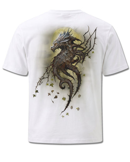 Spiral Oak Dragon design, back view on White M113, Rock Off Retail official merch