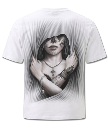 Spiral Dead Love design, back view on White M113, Rock Off Retail official merch